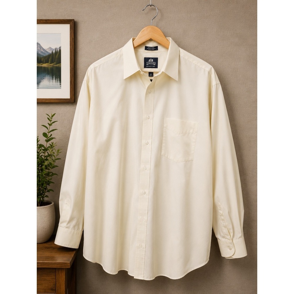 Stafford Wrinkle Free Men's Dress Shirt Cream Ivory Long Sleeve 19 36-37...